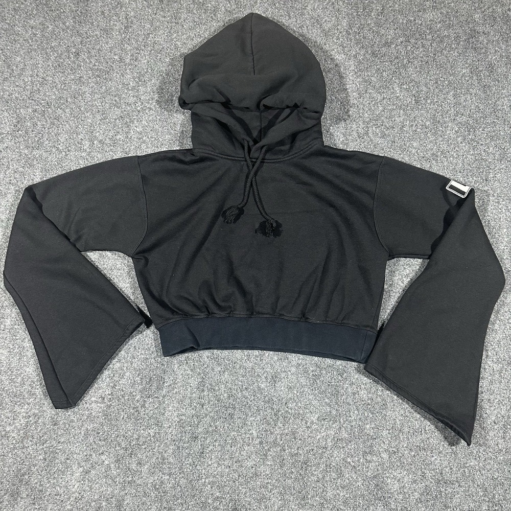 LF Los Angeles Womens Black Cropped Bell Sleeve Hooded Sweatshirt Size M